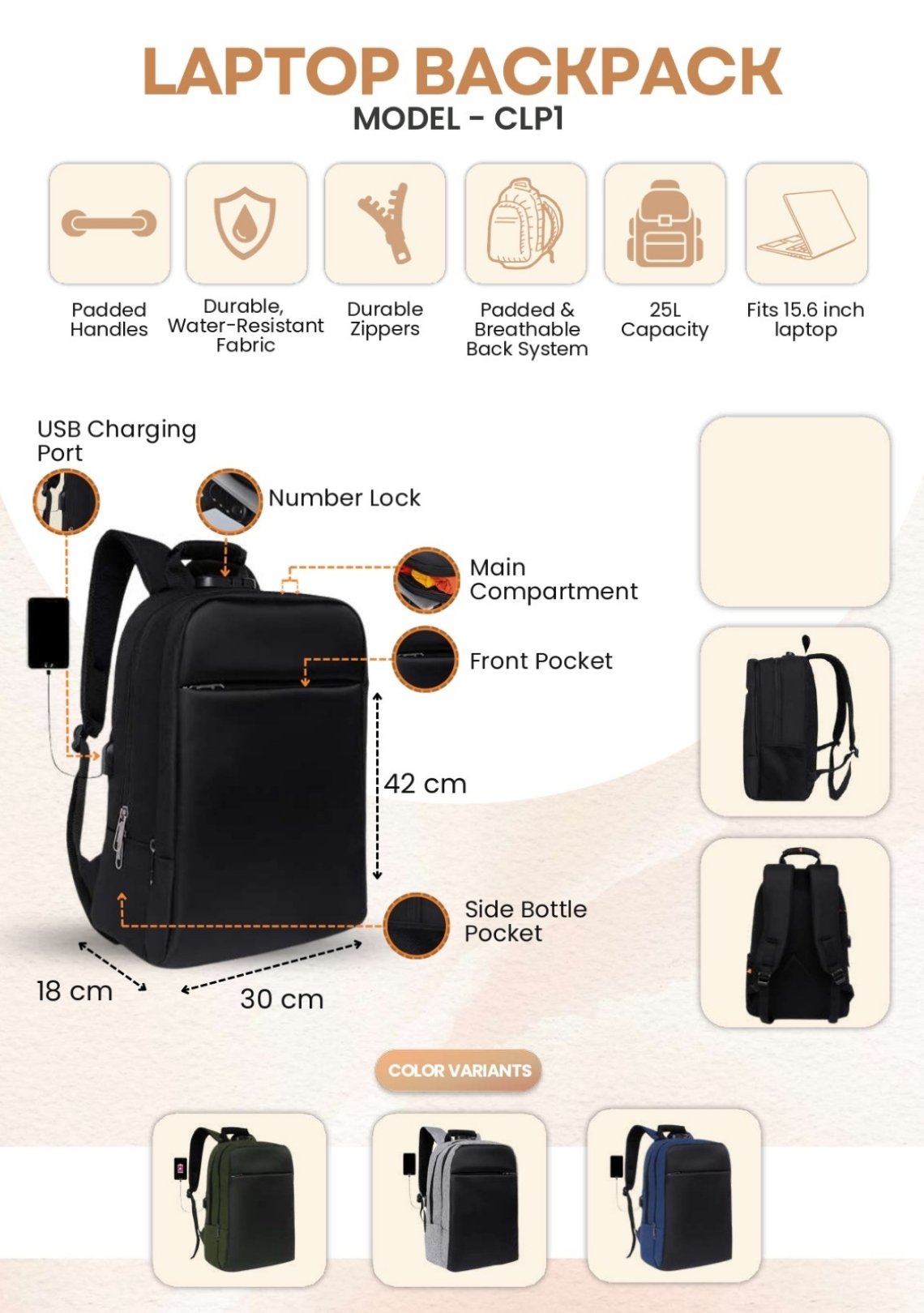 CLP1 Laptop Gift Backpack – 25L USB & Lock System